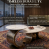 Technical detail infographic showing nano-sealed Calacatta marble top and brass alloy base features