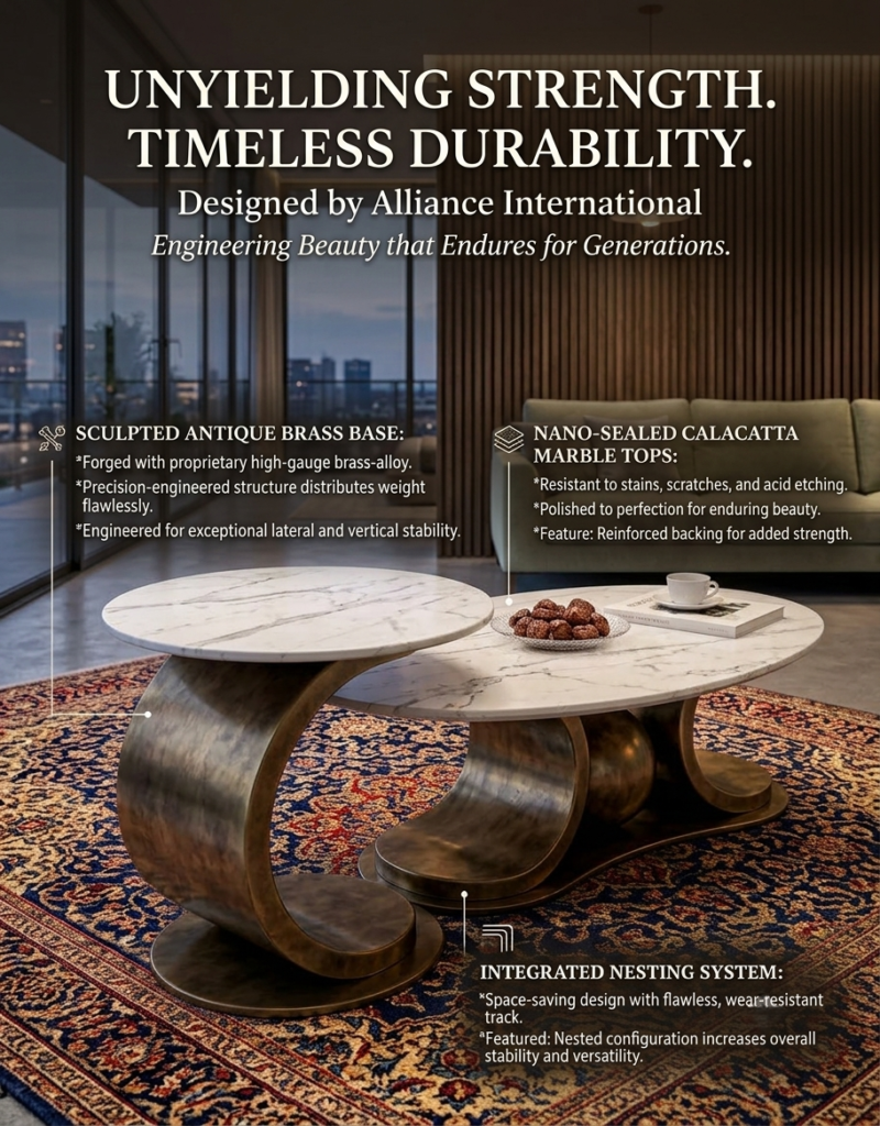 Technical detail infographic showing nano-sealed Calacatta marble top and brass alloy base features