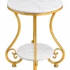 Orlina Luxe gold scrollwork marble side table with round white marble top and matching lower shelf