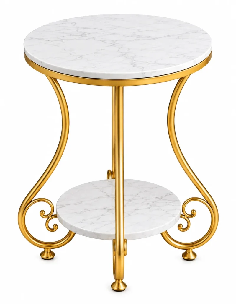 Orlina Luxe gold scrollwork marble side table with round white marble top and matching lower shelf