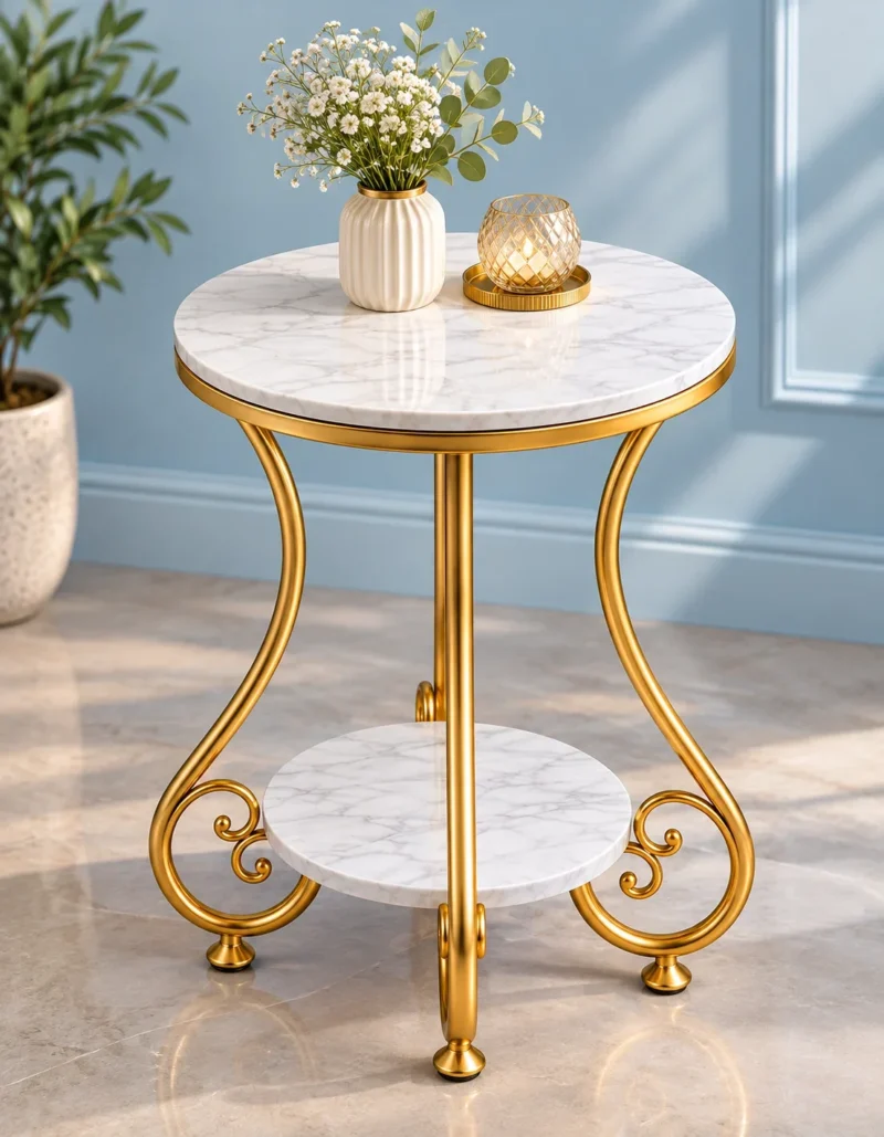 Luxury gold marble side table with curved scrollwork frame styled with flowers against a light blue wall
