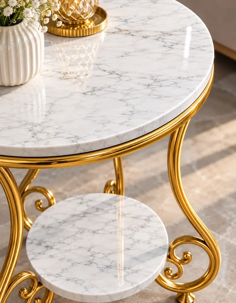 Close-up of white marble tabletop and lower marble shelf on gold scrollwork side table
