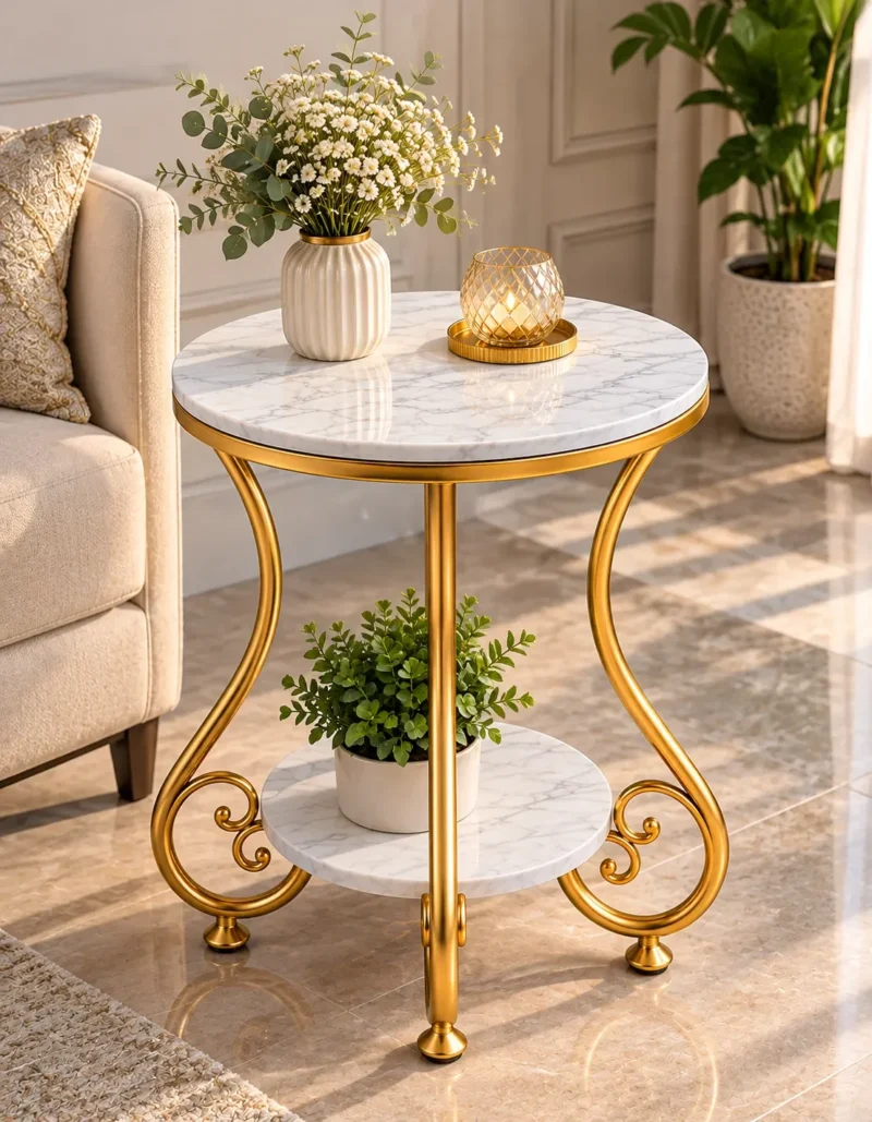 Designer gold scrollwork marble side table beside a cream sofa with flowers and a plant on its two marble tiers