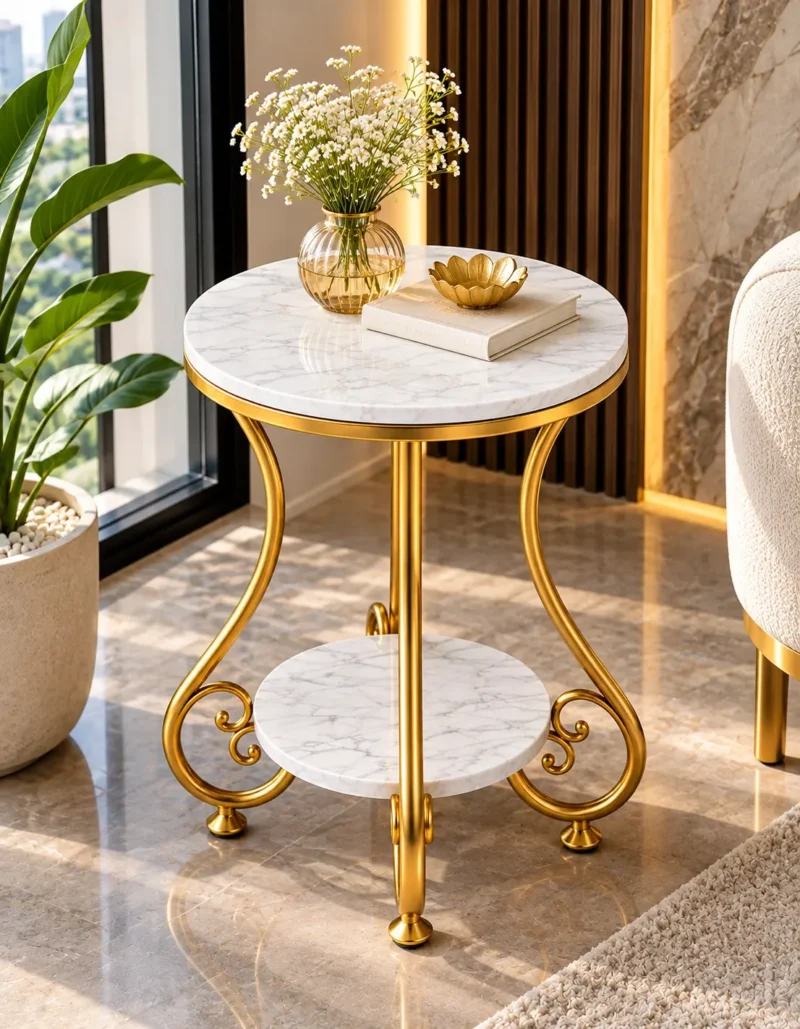 Round white marble side table with gold curved legs and lower shelf positioned near a modern living room window