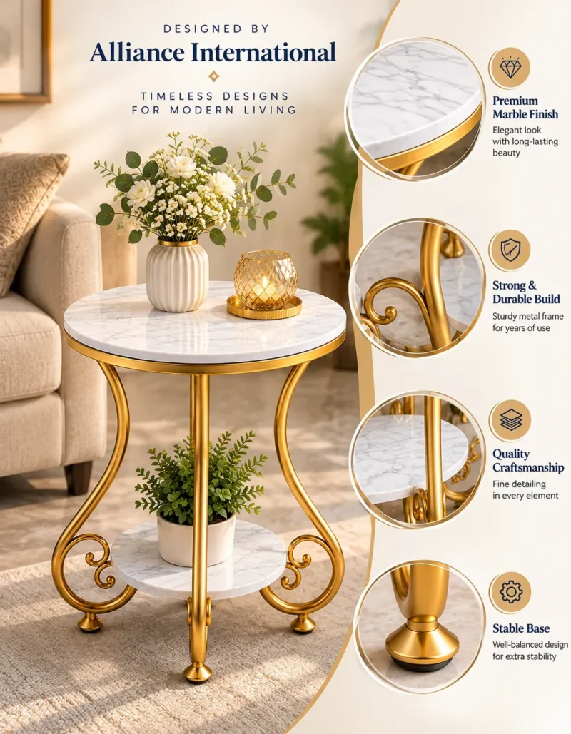 Orlina Luxe luxury marble side table feature showcase highlighting gold scrollwork frame and double-tier design