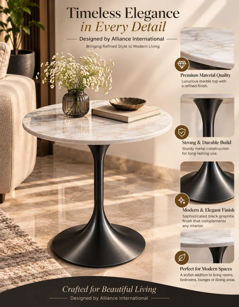Orlina Luxe round white marble side table with Black Graphite tulip pedestal and premium material features