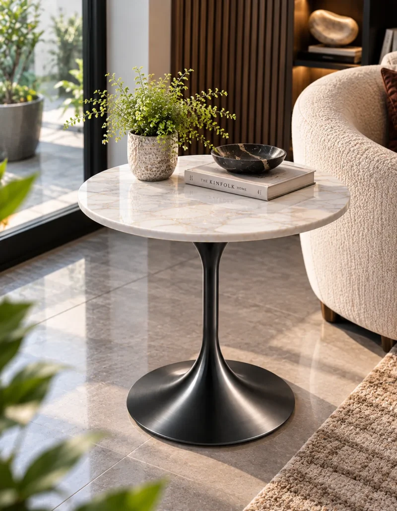 Black Graphite marble side table with round white top beside a cream accent chair in a modern reading corner