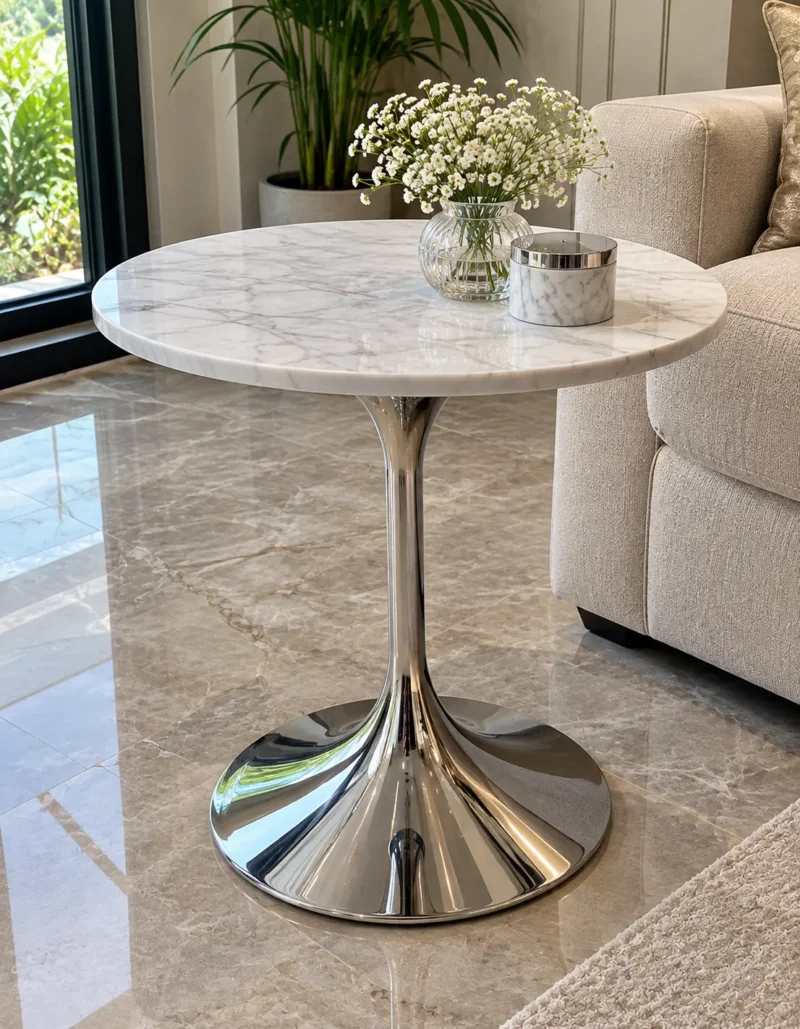 Round white marble side table with reflective silver chrome tulip pedestal beside a luxury sofa