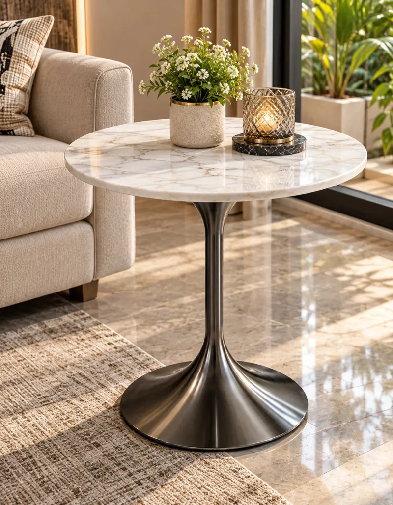 Modern round marble side table with dark graphite trumpet pedestal styled beside a beige sofa