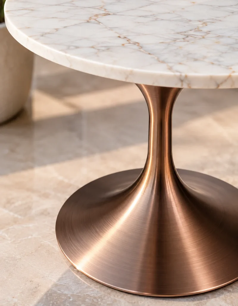 Close-up of brushed bronze tulip pedestal beneath white marble side table showing metallic texture and curved base