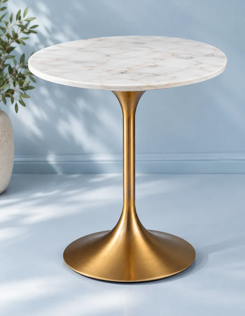Gold finish tulip pedestal side table with round white marble top against a soft blue background