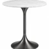 Orlina Luxe Black Graphite marble side table with round white top and sculptural pedestal on white background