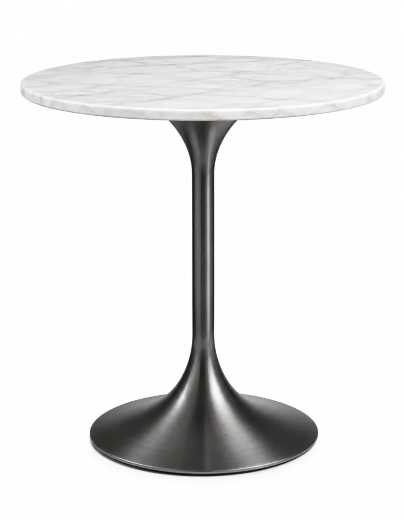 Orlina Luxe Black Graphite marble side table with round white top and sculptural pedestal on white background