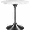 Modern white marble side table with brushed Black Graphite tulip base viewed from a slightly lower front angle