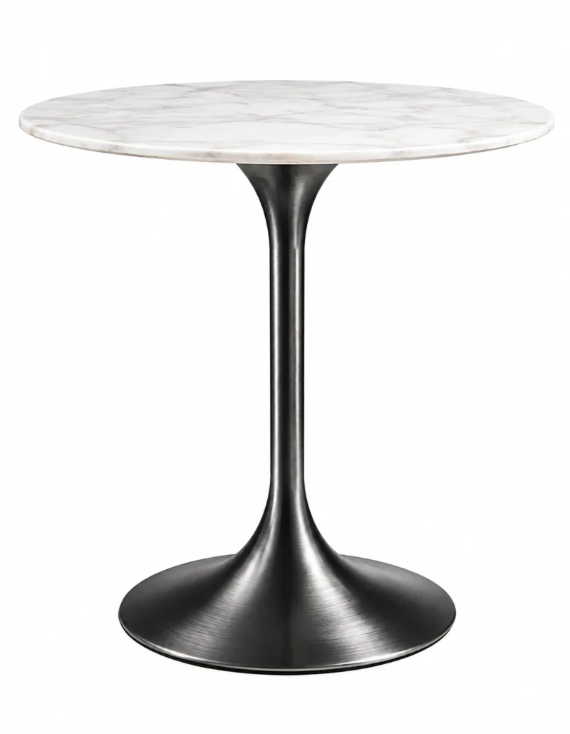 Modern white marble side table with brushed Black Graphite tulip base viewed from a slightly lower front angle