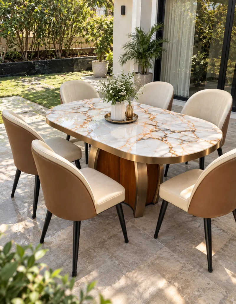 Luxury oval marble dining table with gold-finish edging and cream upholstered chairs in a sunlit garden-facing patio.