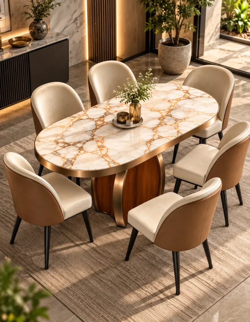 Elevated view of an oval white marble dining table with gold and grey veining, curved pedestal base and upholstered dining chairs.