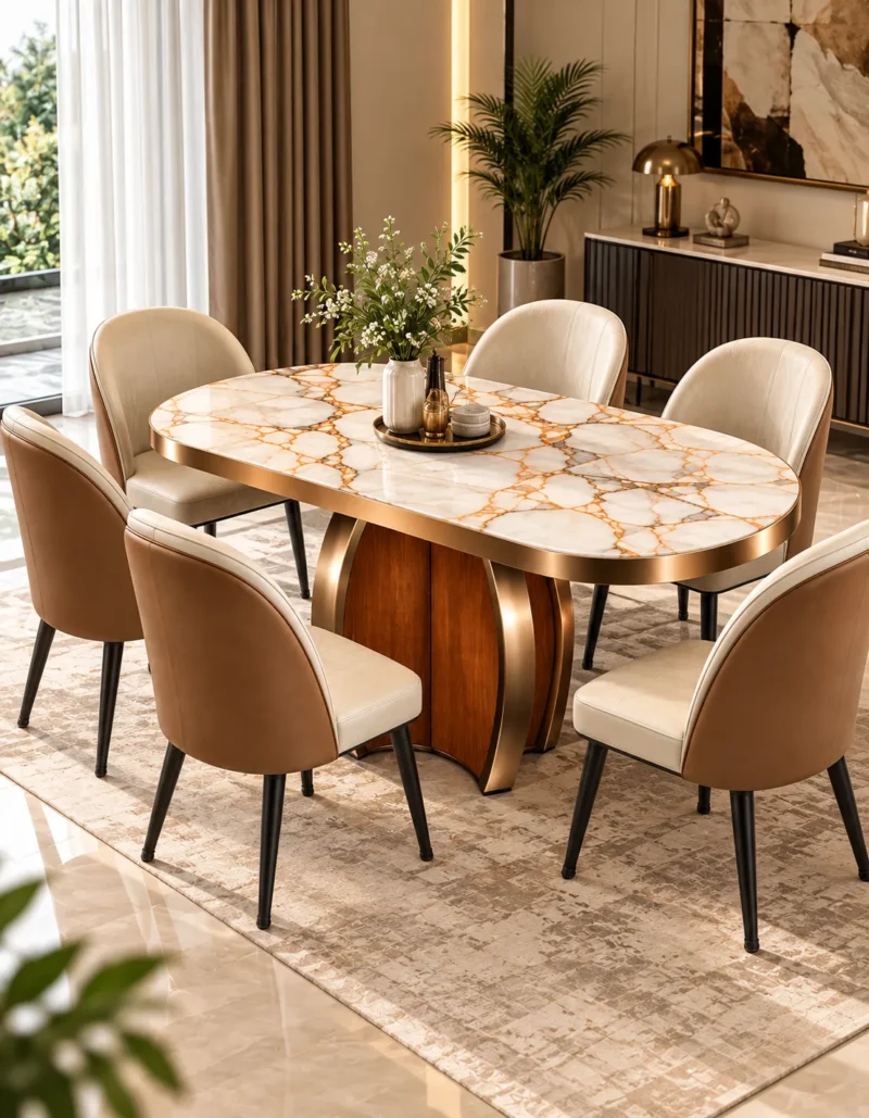 Modern oval marble dining table set with sculptural wood-look and gold pedestal, surrounded by cream and caramel chairs.