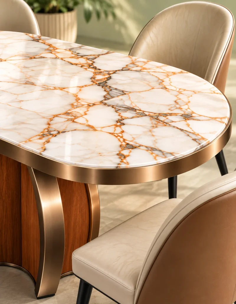 Close-up of white oval marble dining tabletop with gold and grey veining, rounded edge and gold-finish metallic trim.