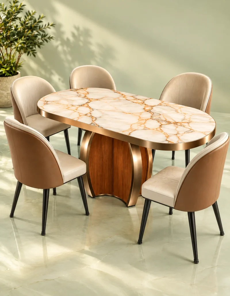 Oval marble dining table with gold-trimmed white tabletop, sculptural wood-look pedestal and cream-and-caramel upholstered chairs against a green background.