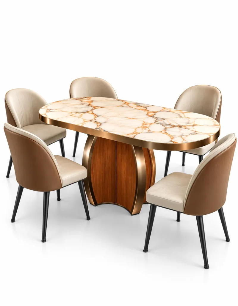 Orvella Luxe oval marble dining table set with white gold-veined marble top, sculptural pedestal and cream-and-caramel chairs on white background.
