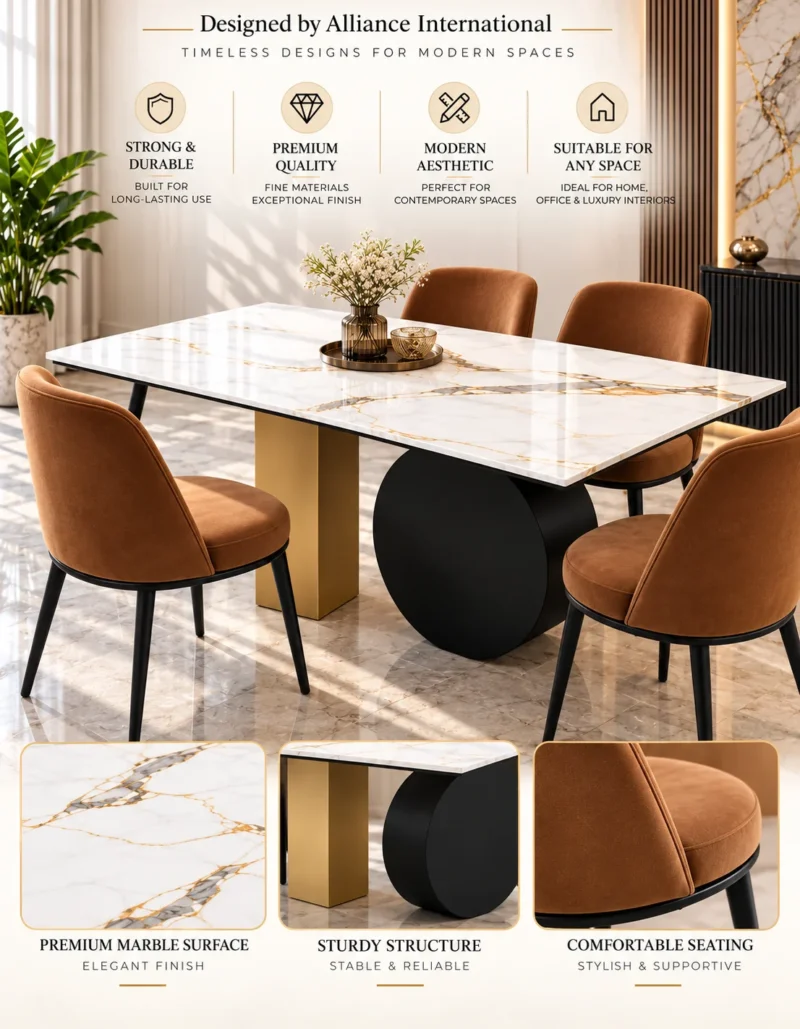Orvella white marble dining table with black disc base