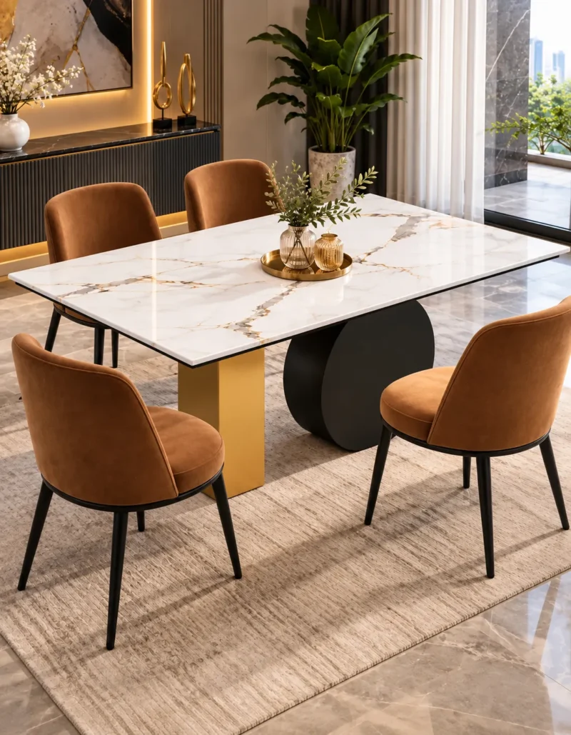 Modern white marble dining table with black and gold base