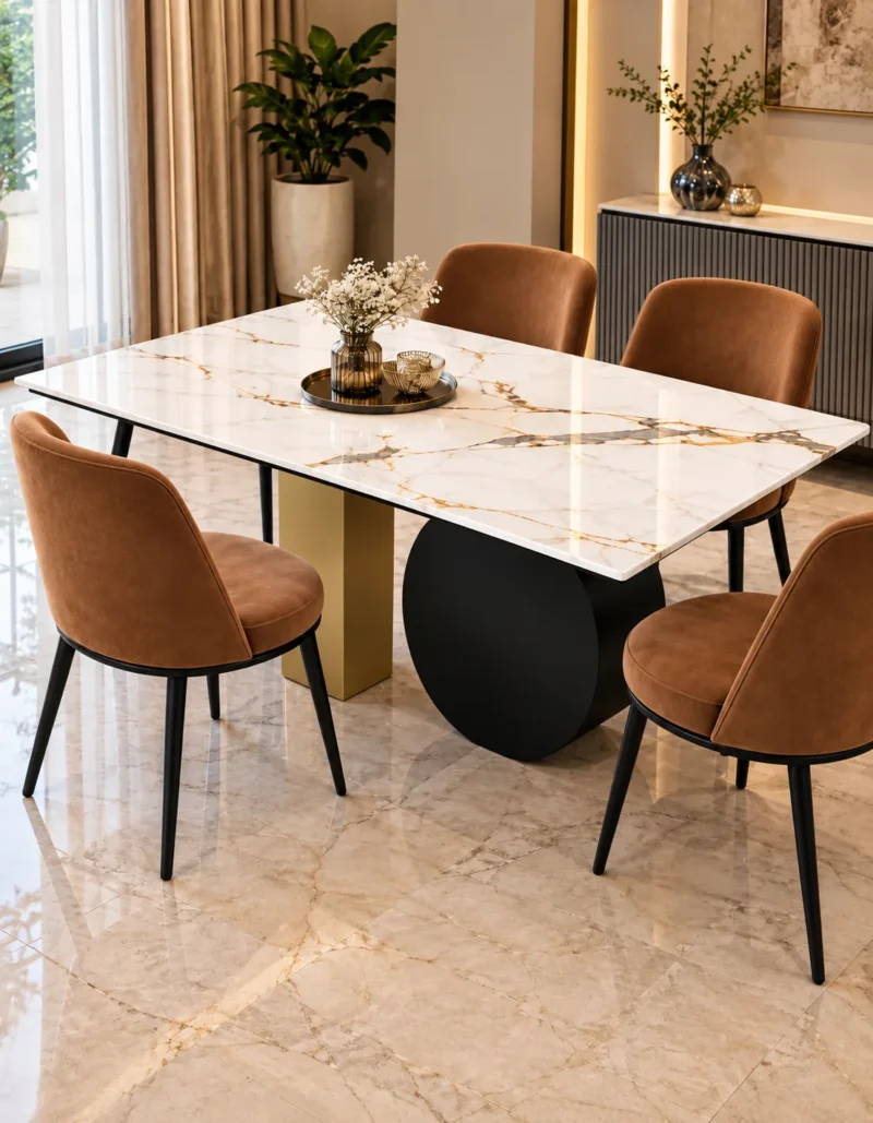 4 seater white marble dining table with sculptural disc base