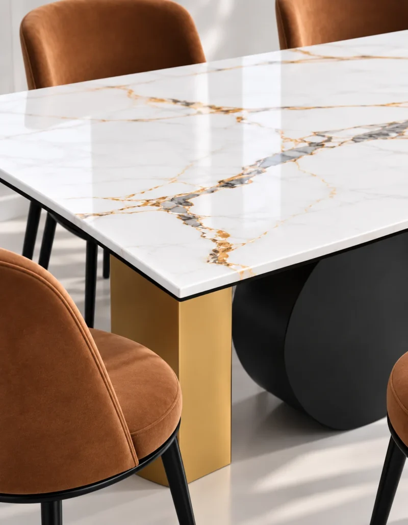 Close up of white marble dining table and black disc base