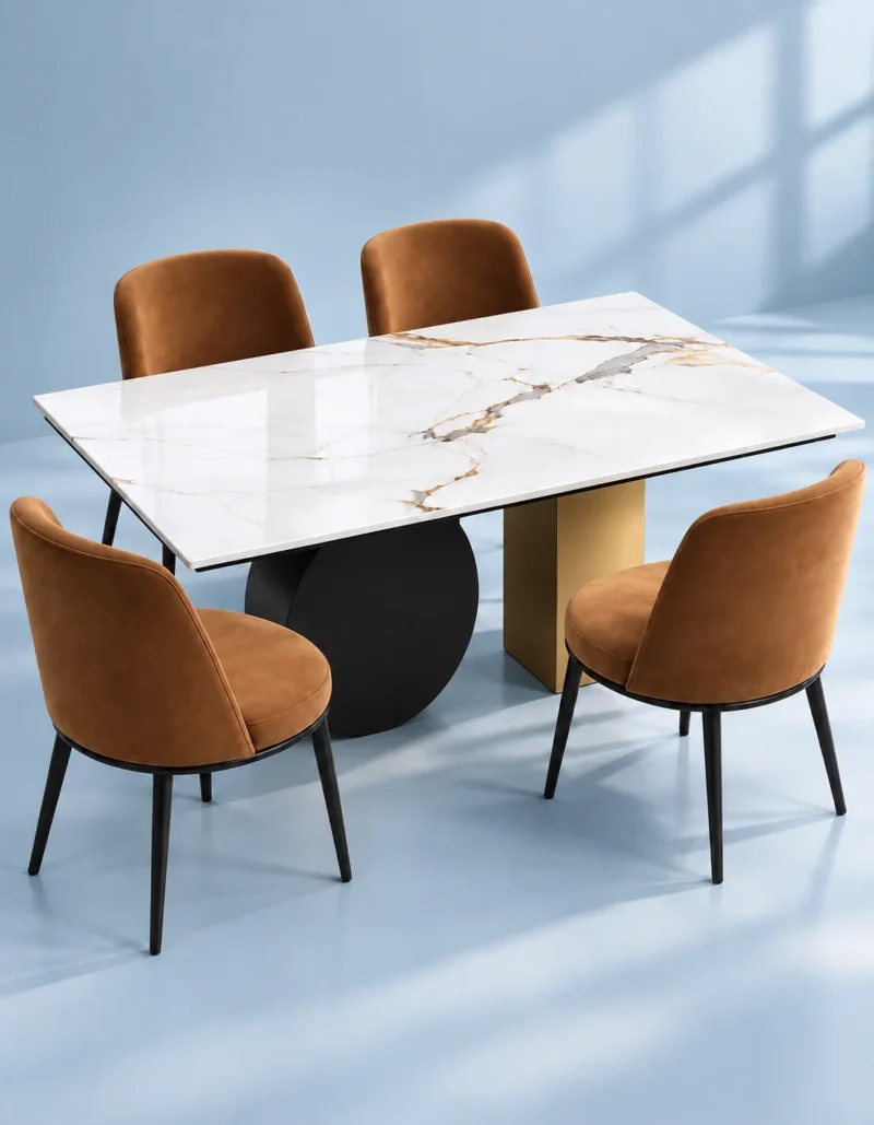 Luxury marble dining table with black disc base and four chairs