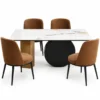 Orvella white marble dining table with black disc base front view