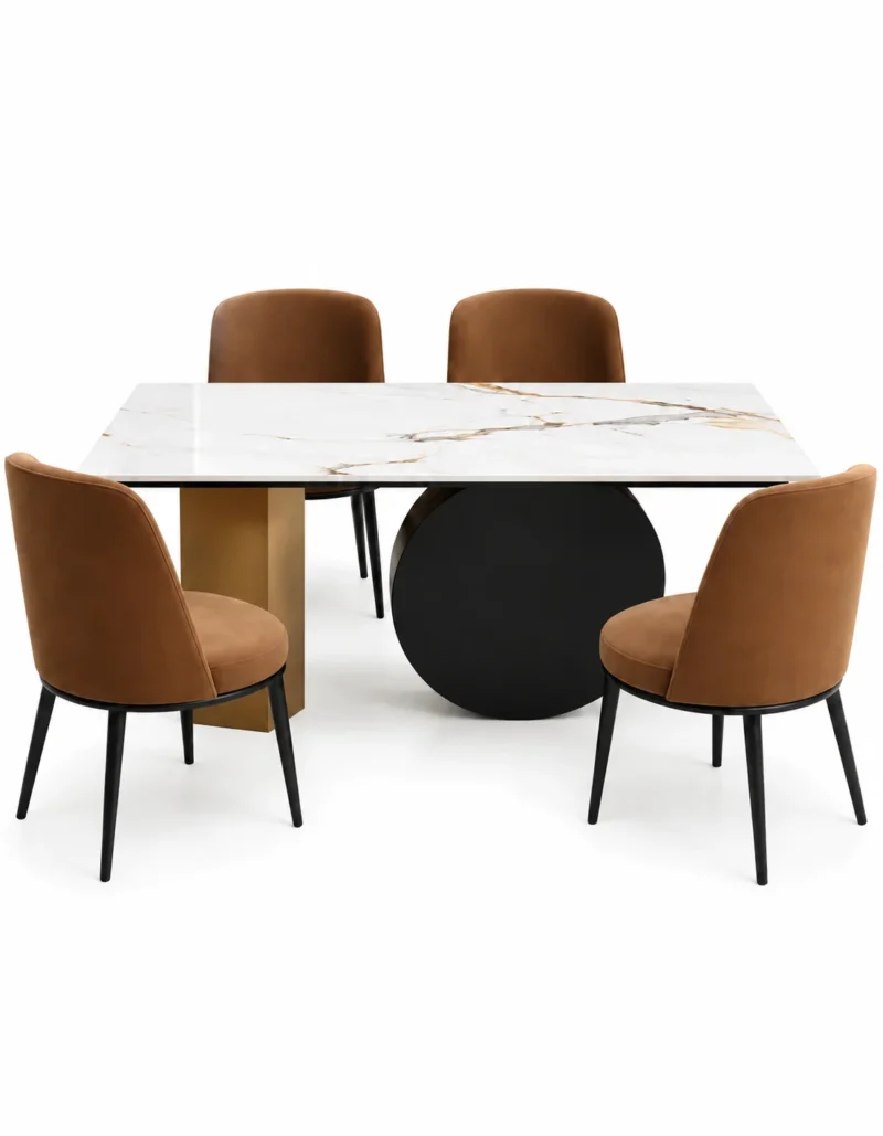 Orvella white marble dining table with black disc base front view