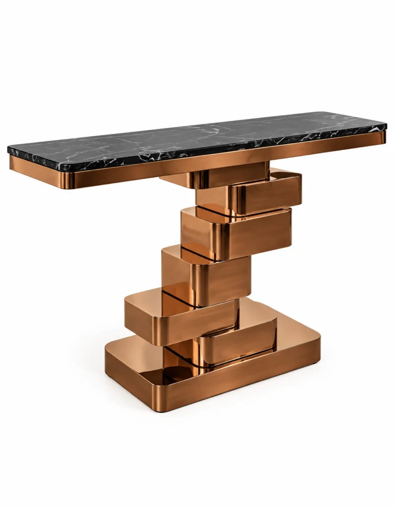 Orvello Luxe black marble console table with copper-tone stepped stainless steel pedestal and rectangular base on white background.
