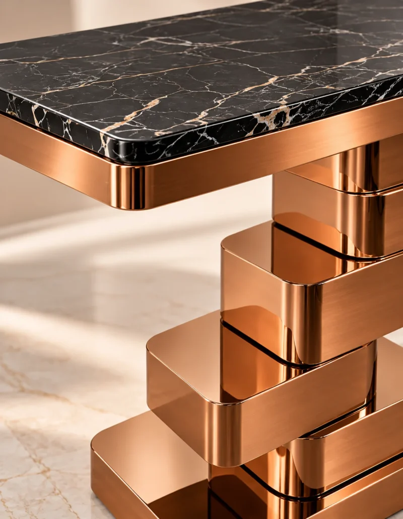 Close-up of black marble console tabletop with fine white veining, rounded corner and copper-tone stainless steel stepped base.