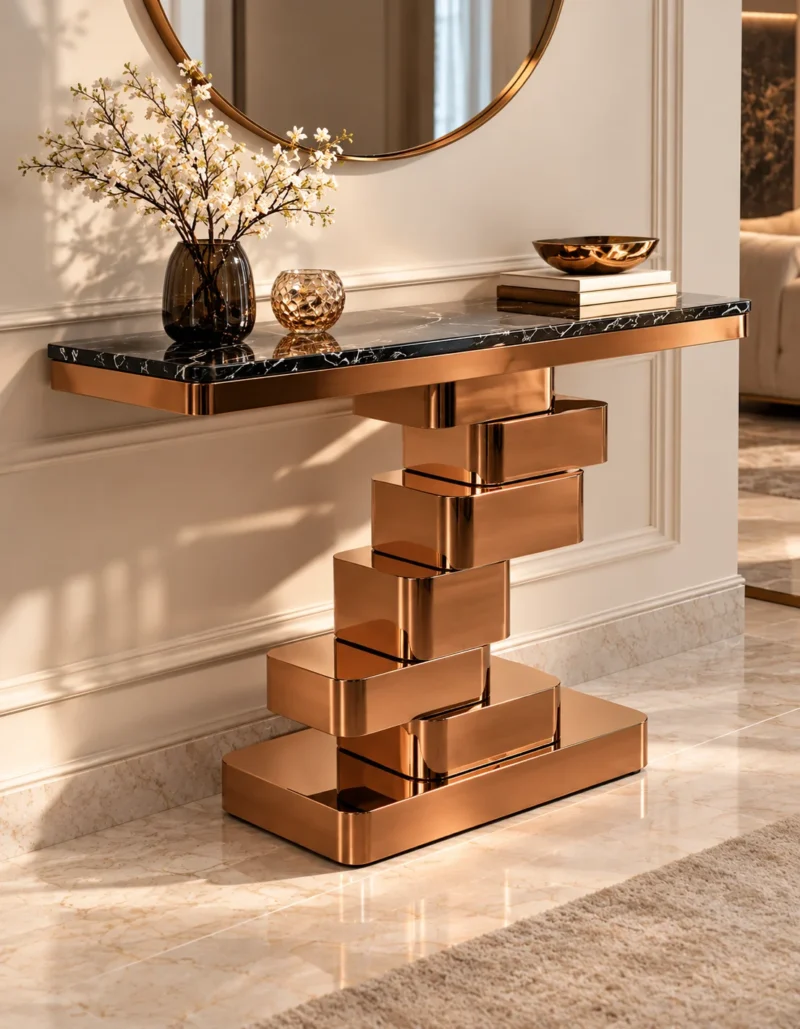 Luxury black marble entryway console table with copper-tone stepped pedestal styled beneath a round wall mirror with flowers and books.