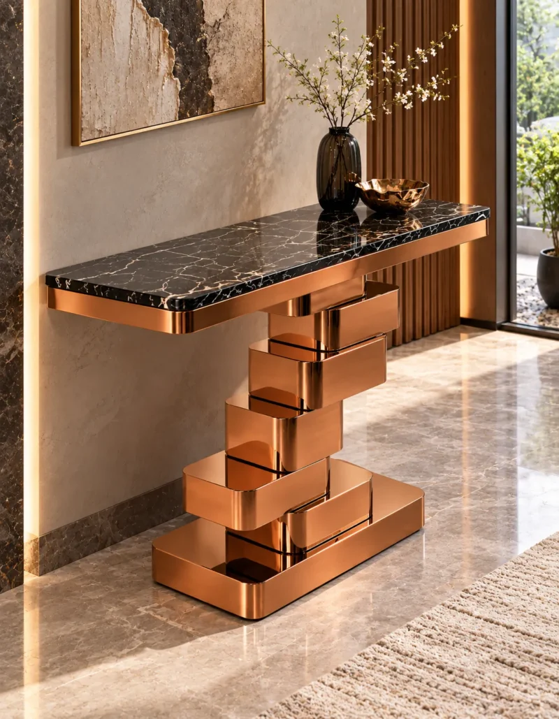 Designer black marble console table with sculptural copper-tone stainless steel pedestal in a contemporary hallway with wall art.