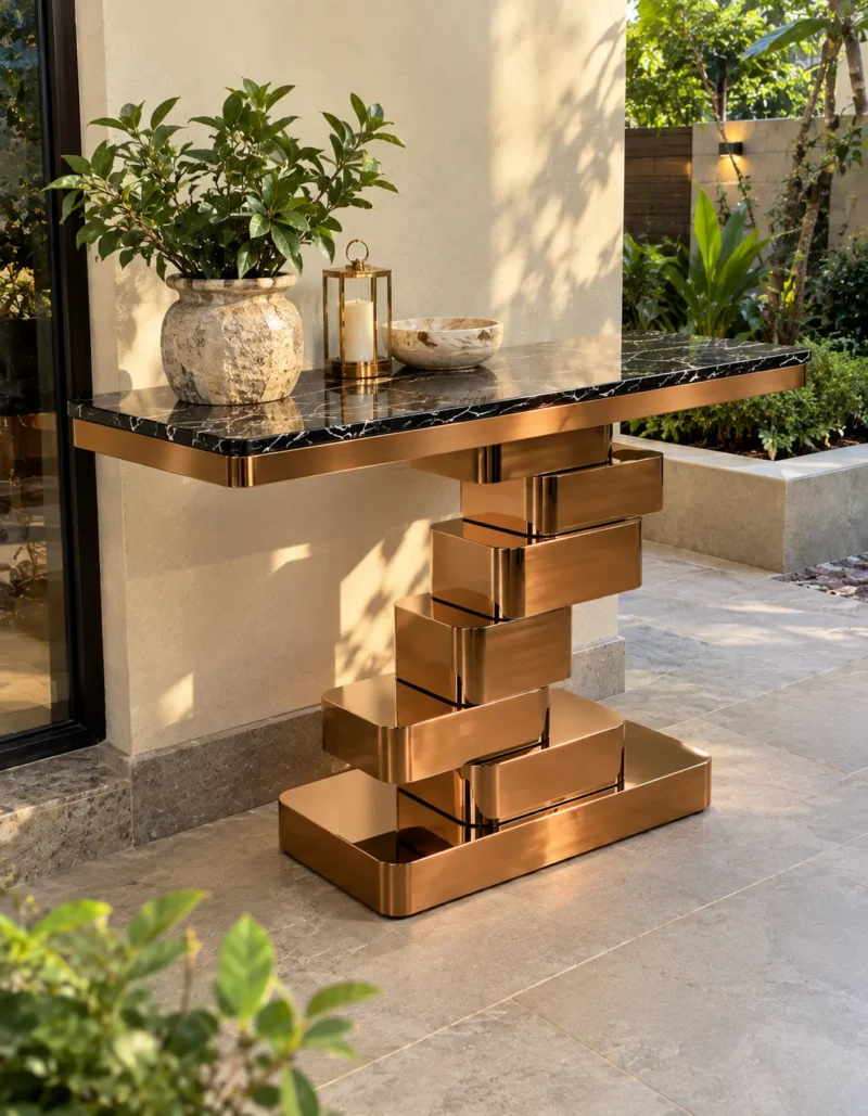 Black marble console table with copper-tone geometric stainless steel base styled with a planter and lantern in a garden-facing terrace.