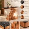 Alliance International black marble console table features graphic showing marble veining, copper-tone stainless steel pedestal and base details.