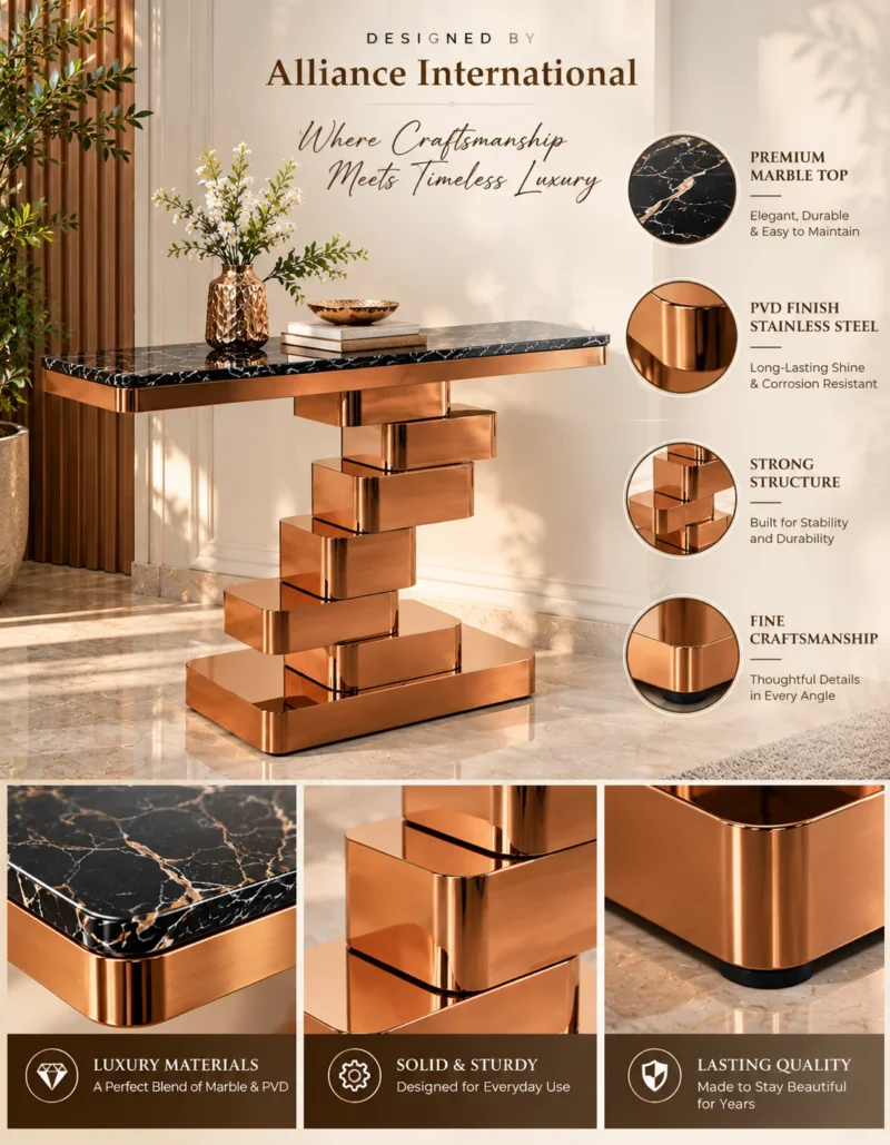 Alliance International black marble console table features graphic showing marble veining, copper-tone stainless steel pedestal and base details.