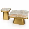 Orvessa rectangular marble centre table set of two with grey beige marble tops and gold stainless steel pedestal bases.