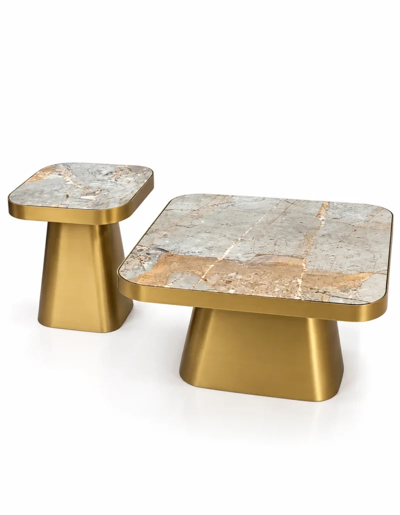 Orvessa rectangular marble centre table set of two with grey beige marble tops and gold stainless steel pedestal bases.