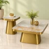 Luxury marble centre table and matching small accent table with gold bases styled with plants and decorative accessories.