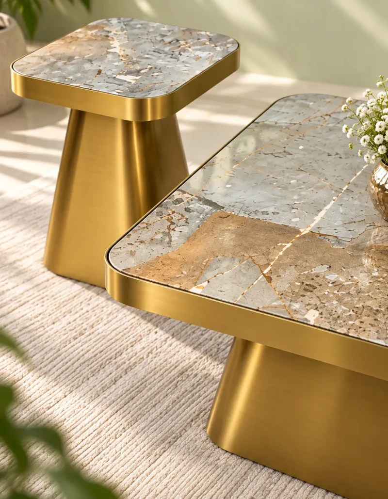 Close-up of grey beige marble coffee table tops with gold veining, rounded corners and brushed gold stainless steel bases.