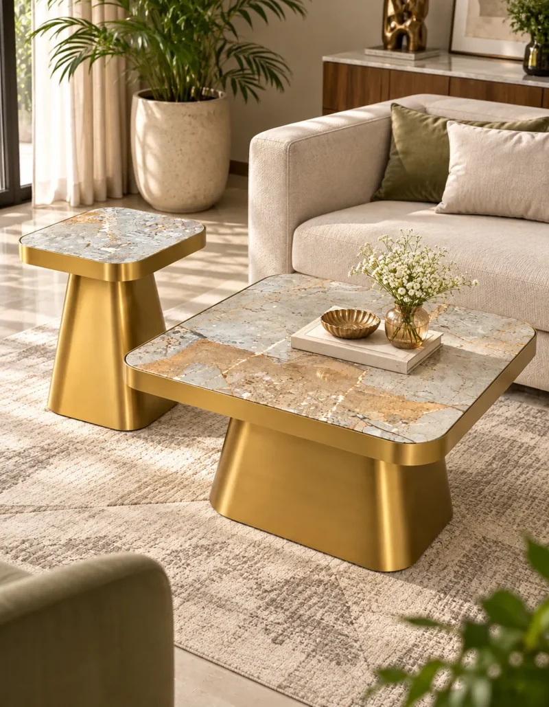 Designer rectangular marble centre table set with gold pedestal bases placed beside a cream sofa in a modern living room.