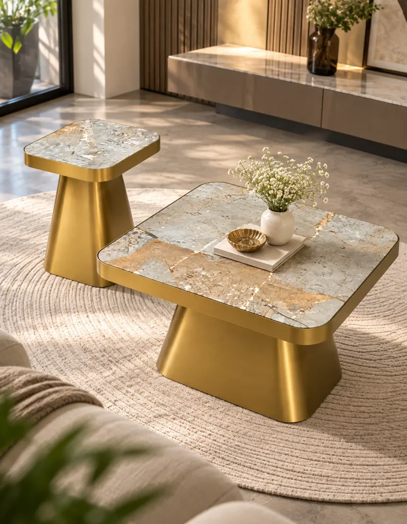 Modern marble centre table set with grey gold veined rectangular tops and tapered metallic bases in a sunlit interior.