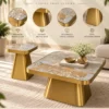 Orvessa marble centre table set feature graphic showing marble tops, gold metal pedestal bases and product craftsmanship.