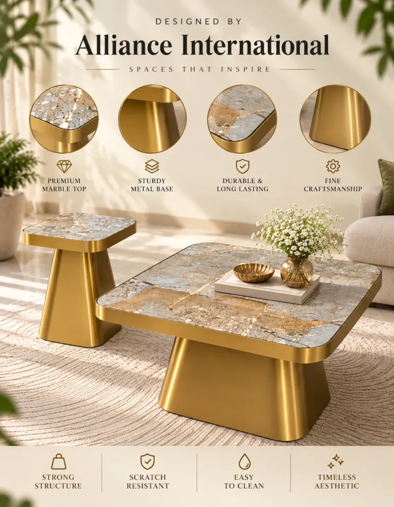 Orvessa marble centre table set feature graphic showing marble tops, gold metal pedestal bases and product craftsmanship.