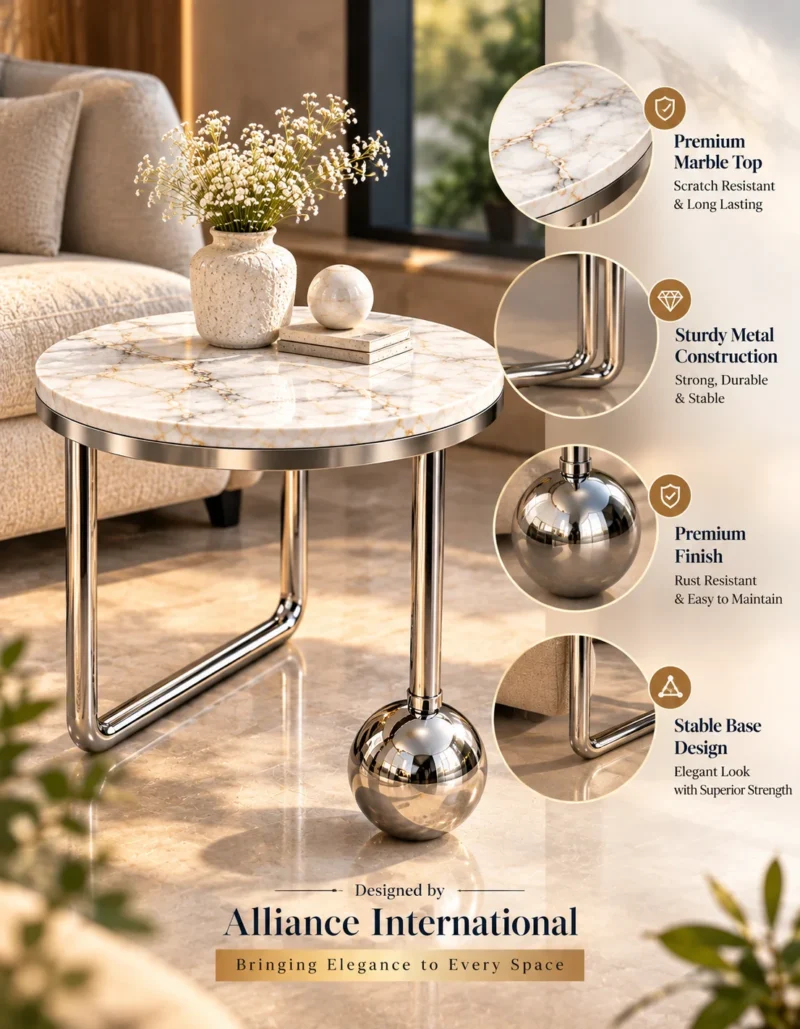 Orviana Luxe silver sphere marble side table with stainless steel frame and premium product features