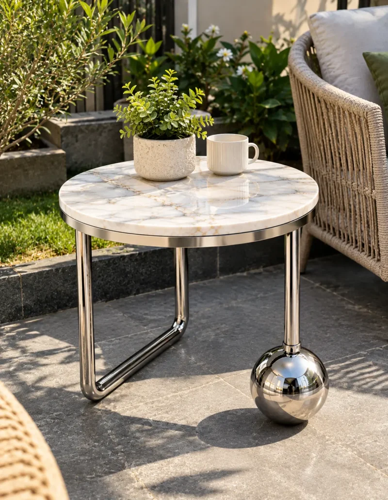 Round white marble side table with polished silver sphere base displayed beside patio lounge seating