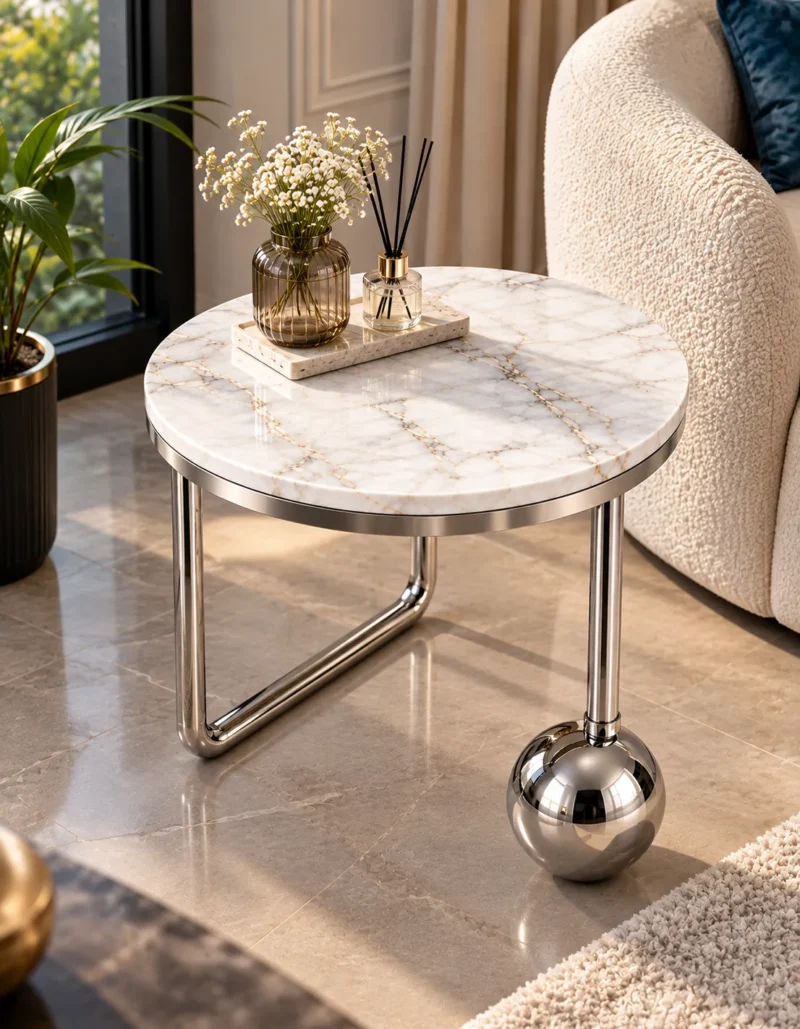 Designer marble side table with silver stainless steel frame beside a cream accent chair in a luxury living room